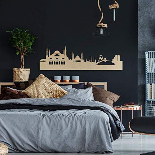 K&L Wall Art Skyline Istanbul Holzbild Islamische Bilder Wohnzimmer Natur Deko Pappelfurnier Holz Türkei Bosporus Boho Wanddeko 70x20cm von K&L Wall Art