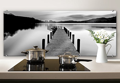 K&L Wall Art Spritzschutz Glasbild Seepanorama schwarz weiß Küchenspritzschutz 100x40cm inkl. Klemmbefestigungen von K&L Wall Art