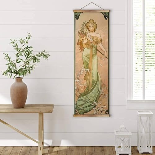 K&L Wall Art Vintage Stoffbild Poster Mucha Jahreszeiten Frühling Wandbild ohne Zubehör Jugendstil Kunstdruck Banner 30x90cm von K&L Wall Art