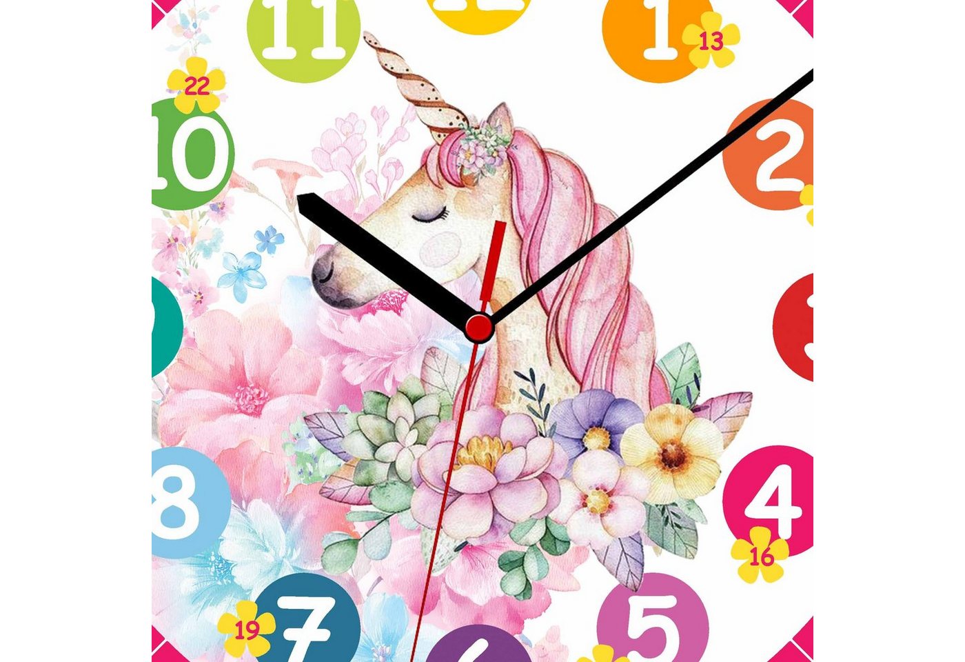 K&L Wall Art Wanduhr Einhorn Wanduhr Blumen Kinder Lernuhr Prinzessin Uhr lesen lernen (lautlose Kinderuhr, Quarz Uhrwerk ohne Ticken) von K&L Wall Art