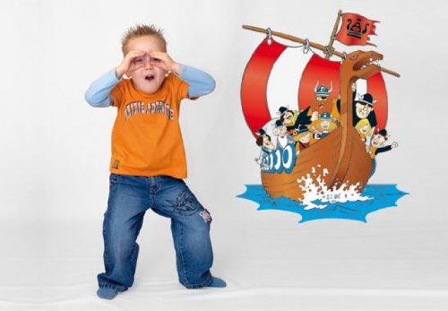 K&L Wall Art selbstklebendes Wandtattoo Wickie auf großer Fahrt Wandsticker Kinderzimmer Boot Klebefolie entfernbar Piraten Aufkleber Wikinger Junge Mädchen 49x60cm von K&L Wall Art