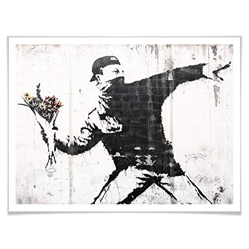 Poster Banksy Der Blumenwerfer Kunst Straßenkunst Street Art Mann maskiert Blumen Blumenstrauß Graffiti ohne Zubehör 80x60cm von K&L Wall Art