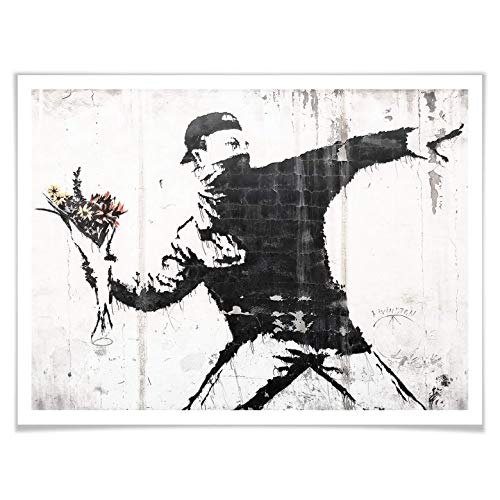 Poster Banksy Der Blumenwerfer Kunst Straßenkunst Street Art Mann maskiert Blumen Blumenstrauß Graffiti ohne Zubehör 60x50cm von K&L Wall Art