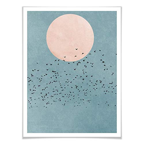 Poster Kubistika Mondschein Wandbild Deko Grafik Illustration Vollmond Mond Vögel Vogelschwarm Abenddämmerung Boris Draschoff ohne Zubehör 30x40cm von K&L Wall Art