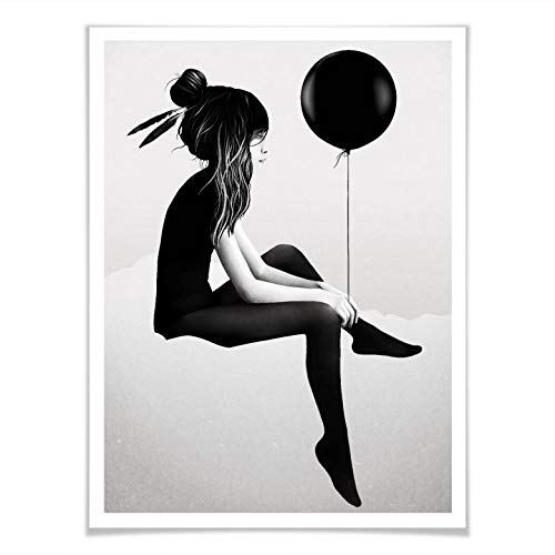 Poster Ruben Ireland No such thing as nothing Luftballon Frau Feder Kunst Illustration Zeichnung Mädchen Wolke schwarz weiß ohne Zubehör 24x30cm von K&L Wall Art