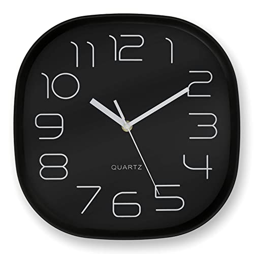 K&L Wall Art Retro Wanduhr schwarz langlebiges Quartz Uhrwerk ohne Ticken Analoge Schlafzimmer Uhr lautlos Büro Wanddeko modern (Ø 28cm groß Eckig) von K&L Wall Art