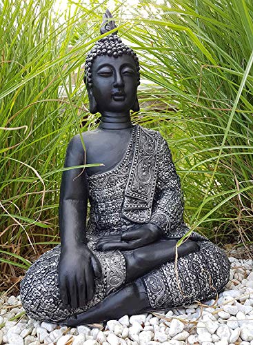 K&L Wall Art Sitzender Buddha Beton Grau Kunststein Feng Shui Deko Figur große Buddhastatue Garten Statue (45cm Höhe Silber schwarz) von K&L Wall Art