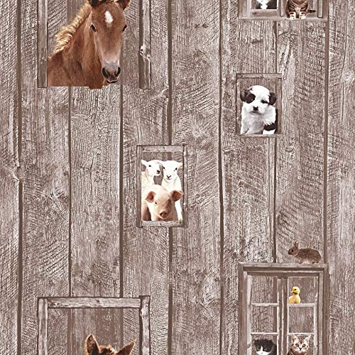 Holzmuster Tapete für Kinderzimmer Bauernhof Tiere 3D Pferde Wandbild für Schlafzimmer Wandschutz von K&L Wall Art