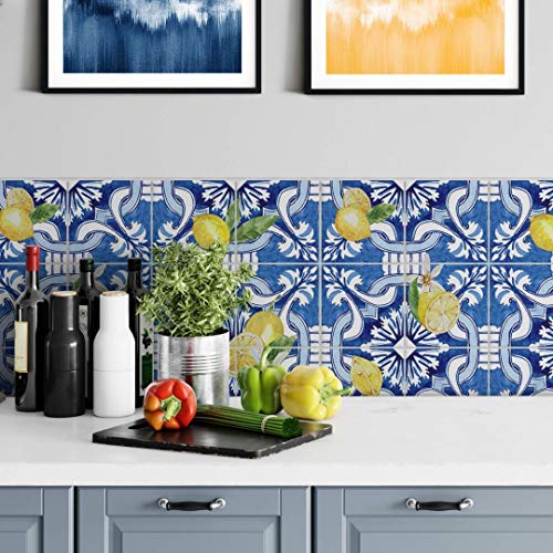 selbstklebende Fliesenaufkleber Möbelfolie matt 15x15cm Sizilianisch in blau mit Zitronen 12er Set von K&L Wall Art