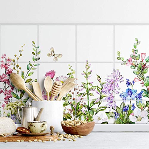 selbstklebende Fliesenaufkleber Möbelfolie matt 20x20cm Sommerwiese Blumen 12er Set von K&L Wall Art