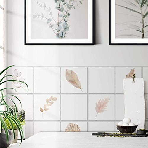 selbstklebende Fliesenaufkleber Möbelfolie modern 10x10cm Aquarell Blätter Klebefolie 12er Set von K&L Wall Art