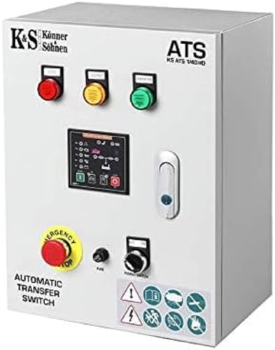 Die ATS-Einheit KS ATS 4/63 HD (automatische Umschaltung auf Notstrom) startet den Generator automatisch und überträgt die Belastung, wenn die Hauptstromversorgung unterbrochen wird. von K&S Könner&Söhnen