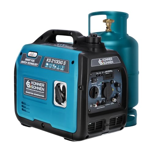 LPG/Benzin-Inverter-Generator, Flüssiggas, KS 2100iG S von Könner & Söhnen. Stromerzeuger 2000 W, Schuko-Steckdose 230 V, 2 USB-Anschlüsse, LED-Anzeige, ECO-Modus, notstromaggregat EURO V. von K&S Könner&Söhnen