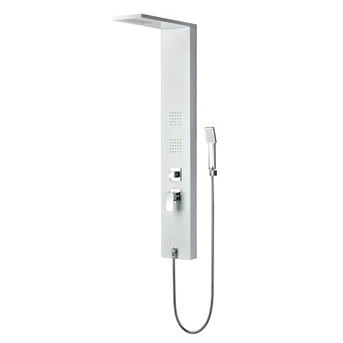 K2O Lusso Calm Hydromassagedusche 20 x 7 x 130 cm aus Aluminium mit Wasserhahn, 2 Jets, Sprühgerät und Handbrause mit Regeneffekt, Keramikkartusche und Antikalk-Spitzen, Weiß glänzend von K2O