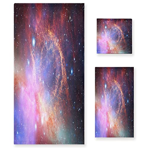 KAAVIYO Galaxie Kosmischer Nebel Platz Handtuchset für Badezimmer 100% Baumwolle(1 Badetuch & 1 Handtuch & 1 Waschlappen) Geruchsresistente hochsaugfähige Handtücher für Mädchen Kinder von KAAVIYO
