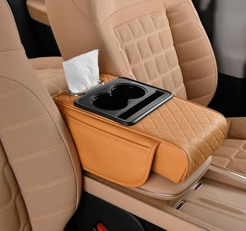 Auto Mittelkonsole Armlehne Kissen für Citroen C1 C2 C3 C4 C5 C5X C6 C8 DS3 DS4 DS5, Multifunktionales Armlehnen Polster,Armlehnenschoner Mit Getränkehalter Taschentuchbox,B Brown von KABUTM