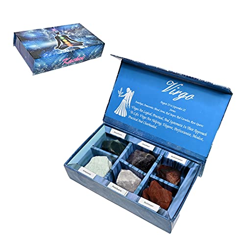 KACHVI Sternzeichen Kristalle Set | Jungfrau Sternzeichen Kristalle | Heilende Kristalle | Geburtsstein Geschenk | Horoskop Steinbox 6er Set | Sternzeichen bis Geburtsstein | Natürliche Rohsteine von KACHVI