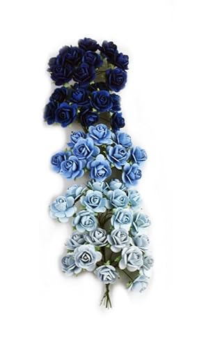 KADADSA 50 Stück winzige künstliche Rosen, gemischte dunkle und hellblaue Farbtöne, fünffarbige Maulbeerpapierblumen, 15–24 mm, Blumen, Hochzeit, Scrapbooking (20–24 mm/50 Stück) von KADADSA