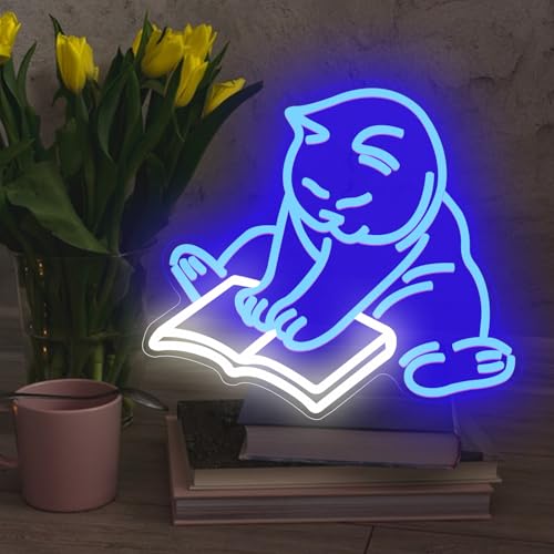 KADAFAGO LED-Neonschild mit Katzen-Lesebuch, blaue Katze „Lesen Sie mehr Bücher“, leuchtende Schilder für Leseräume, Arbeitszimmer, Bar, Café, Bibliotheken und Themenpartys, Abschlussfeiern Dekoration von KADAFAGO
