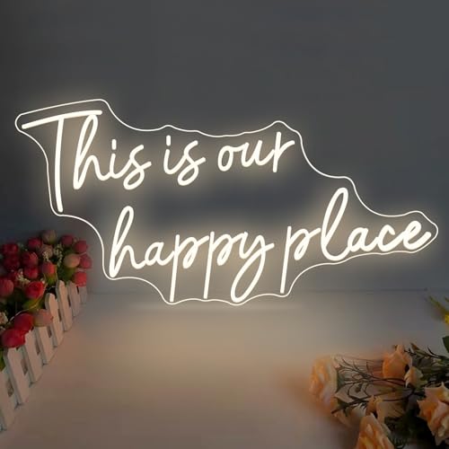 This is Our Happy Place Neonschilder Warmweißes LED-Neonschild ästhetische Raumdekoration für Teen-Mädchen Glücklicher Ort Licht für Schlafzimmer Salon Hochzeit Verlobungsparty von KADAFAGO
