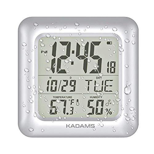 KADAMS Badezimmer-Digitaluhr mit großem LCD-Bildschirm – Duschwanduhr mit Timer – wasserdicht – Temperatur- und Feuchtigkeitsanzeige – Kalenderanzeige – 4 Montageoptionen (Silber) von KADAMS