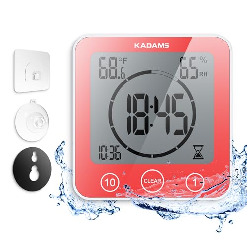 KADAMS Digitale Badezimmer-Duschuhr Küchenalarm wasserdicht für Wasserspritzer visueller Countdown-Timer Zeitmanagement-Werkzeug Saugnapf-Lochständer, Rot von KADAMS