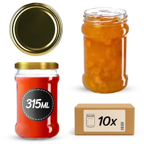 KADAX 10st Einmachgläser 315 ml mit fi66 mm Schraubdeckel für Honig, Dessert, Marmeladen | Luftdichte Gläschen, Einmachglas, Rundgläser, Konfitürengläser, Honiggläser (10 Stück, Gold) von KADAX