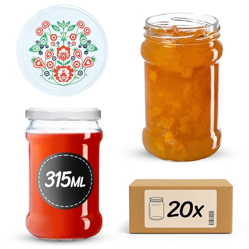 KADAX 20st Einmachgläser 315 ml mit fi66 mm Schraubdeckel für Honig, Dessert, Marmeladen | Luftdichte Gläschen, Einmachglas, Rundgläser, Konfitürengläser, Honiggläser (20 Stück, Folklore) von KADAX