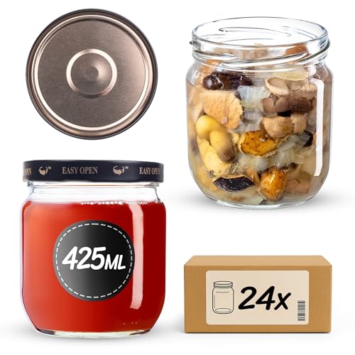 KADAX 24st Einmachgläser 425ml mit Schraubdeckel fi82 mm für Einlegen, Einmachen, Konservieren und Mahlzeitenvorbereitung - Luftdichte Twist-off Gläser (Schwarz/Gold, 24 St.) von KADAX