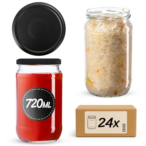 KADAX 24st Einmachgläser 720ml mit Schraubdeckel fi82 mm für Einlegen, Einmachen, Konservieren und Mahlzeitenvorbereitung - Luftdichte Twist-off Gläser (Schwarz matt / 24St.) von KADAX