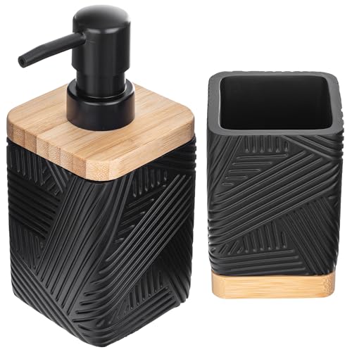 KADAX 2er Set für Badezimmer, Zahnputzbecher & Spülmittelspender, Dekorativer Zahnbürstenbecher, Moderner Seifenspender für Spülmittel (Eckig Schwarz) von KADAX