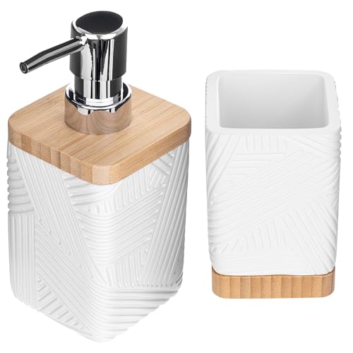 KADAX 2er Set für Badezimmer, Zahnputzbecher & Spülmittelspender, Dekorativer Zahnbürstenbecher, Moderner Seifenspender für Spülmittel (Eckig Weiß) von KADAX
