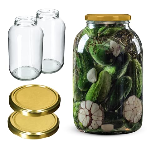 KADAX 2st Einmachgläser 4L mit fi100 mm Schraubdeckel ideal für Gurken, Kombucha, Kimchi, weite Öffnung zum Einlegen, Fermentieren (Gold Deckel, 2 Stück) von KADAX