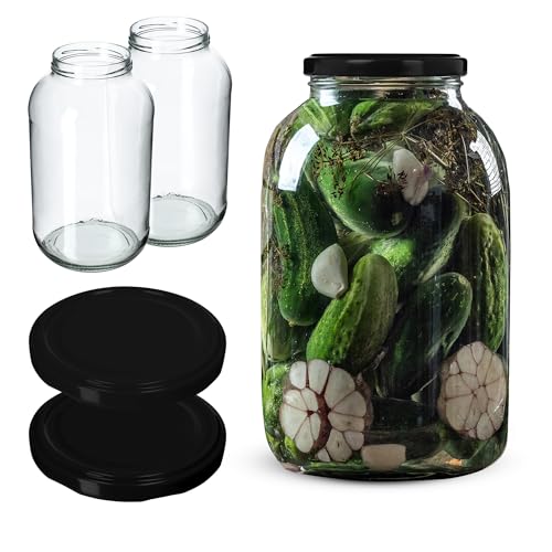 KADAX 2st Einmachgläser 4L mit fi100 mm Schraubdeckel ideal für Gurken, Kombucha, Kimchi, weite Öffnung zum Einlegen, Fermentieren (Schwarz Deckel, 2 Stück) von KADAX