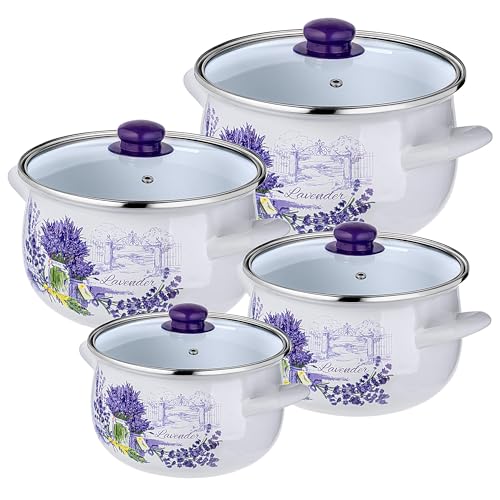KADAX 4-teiliges Topfset aus Emaille, Emailletöpfe mit Deckeln, Kochgeschirr 4er-Set, Kochtöpfe mit Griffen, Töpfe im Vintage oder Modern Stil (Lavendel) von KADAX