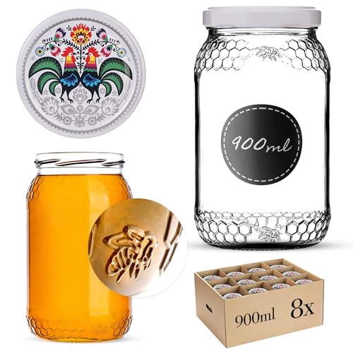 KADAX 8st Honiggläser 1260g (900ml) mit Deckel fi82mm für Lebensmittel, Honig, Marmelade, Früchte, Vorratsglas, Neutrales Schraubglas Imkerhonig (Hähne, 8 Stück) von KADAX