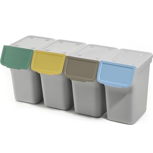 KADAX Abfallbehälter mit Deckel, Abfalleimer aus Plastik, Mülleimer für die Mülltrennung, Rechteckiger Abfallsammler mit Klappdeckel (Grau 4x20 L) von KADAX