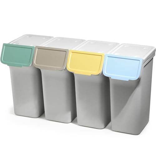 KADAX Abfallbehälter mit Deckel, Abfalleimer aus Plastik, Mülleimer für die Mülltrennung, Rechteckiger Abfallsammler mit Klappdeckel (Grau 4x25 L) von KADAX