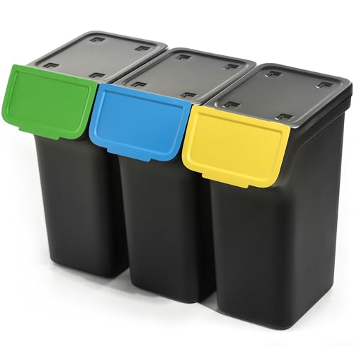 KADAX Abfallbehälter mit Deckel, Abfalleimer aus Plastik, Mülleimer für die Mülltrennung, Rechteckiger Abfallsammler mit Klappdeckel (Schwarz 3x25 L) von KADAX