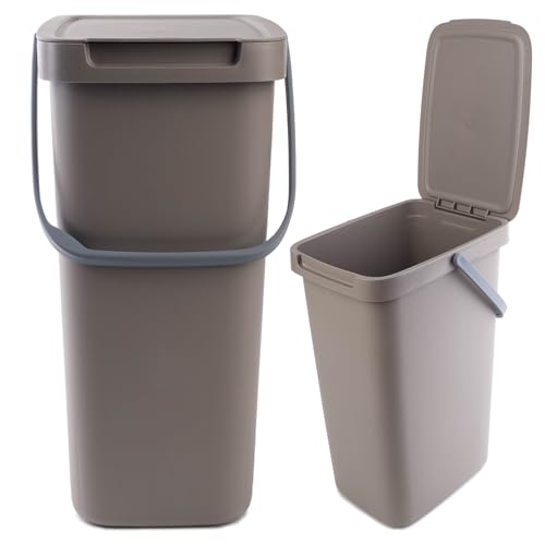 KADAX Abfallbehälter mit Deckel und Griff, Abfalleimer aus Plastik, Mülleimer für die Mülltrennung, Rechteckiger Abfallsammler mit Klappdeckel (Braun, 12L) von KADAX