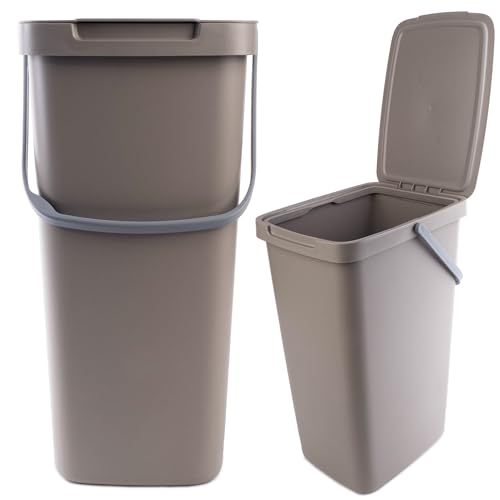 KADAX Abfallbehälter mit Deckel und Griff, Abfalleimer aus Plastik, Mülleimer für die Mülltrennung, Rechteckiger Abfallsammler mit Klappdeckel (Braun, 20L) von KADAX