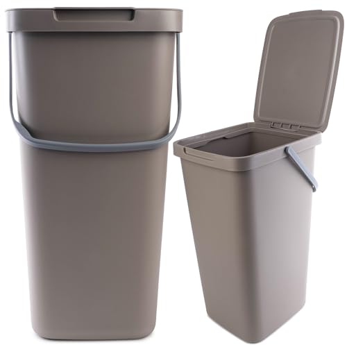 KADAX Abfallbehälter mit Deckel und Griff, Abfalleimer aus Plastik, Mülleimer für die Mülltrennung, Rechteckiger Abfallsammler mit Klappdeckel (Braun, 25L) von KADAX