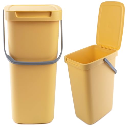 KADAX Abfallbehälter mit Deckel und Griff, Abfalleimer aus Plastik, Mülleimer für die Mülltrennung, Rechteckiger Abfallsammler mit Klappdeckel (Gelb, 12L) von KADAX