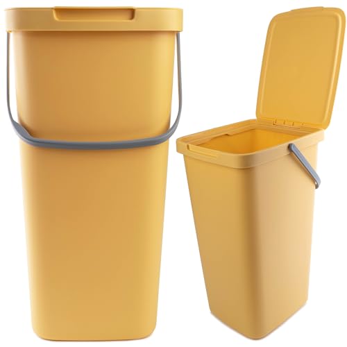 KADAX Abfallbehälter mit Deckel und Griff, Abfalleimer aus Plastik, Mülleimer für die Mülltrennung, Rechteckiger Abfallsammler mit Klappdeckel (Gelb, 25L) von KADAX