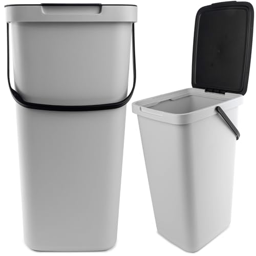 KADAX Abfallbehälter mit Deckel und Griff, Abfalleimer aus Plastik, Mülleimer für die Mülltrennung, Rechteckiger Abfallsammler mit Klappdeckel (Grau, 25L) von KADAX