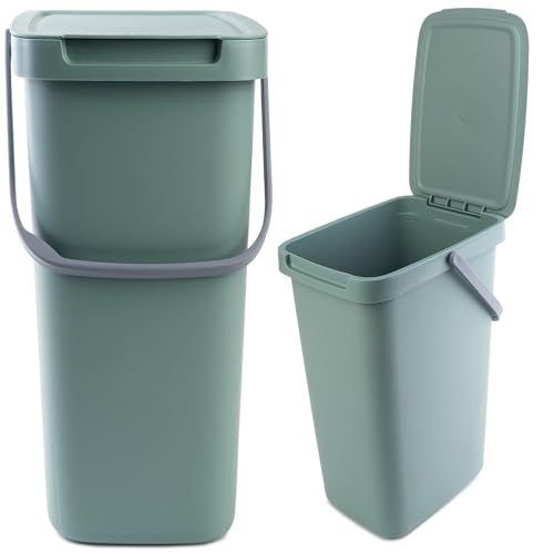 KADAX Abfallbehälter mit Deckel und Griff, Abfalleimer aus Plastik, Mülleimer für die Mülltrennung, Rechteckiger Abfallsammler mit Klappdeckel (Grün, 12L) von KADAX