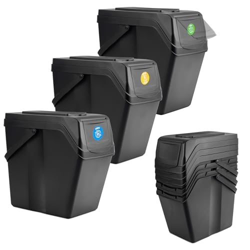 KADAX Abfalleimerset für Mülltrennung aus Plastik, Abfallbehälter mit dichtem Deckel, Müllsortierer, Mülleimer mit beweglichen Tragegriffen (Schwarz 3x25L) von KADAX