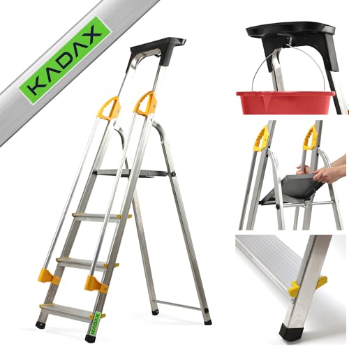 KADAX Aluleiter, Stehleiter mit Handlauf, Trittleiter belastbar bis 150kg, Leiter in 4 Stufen, klappbare Haushaltsleiter mit Fach für Pinsel und Antirutsch-Füßen (4 Stufen) von KADAX
