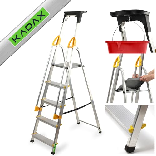 KADAX Aluleiter, Stehleiter mit Handlauf, Trittleiter belastbar bis 150kg, Leiter in 3 Versionen, klappbare Haushaltsleiter mit Fach für Pinsel und Antirutsch-Füßen (5 Stufen) von KADAX