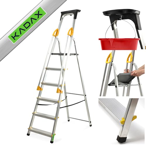 KADAX Aluleiter, Stehleiter mit Handlauf, Trittleiter belastbar bis 150kg, Leiter in 3 Versionen, klappbare Haushaltsleiter mit Fach für Pinsel und Antirutsch-Füßen (6 Stufen) von KADAX
